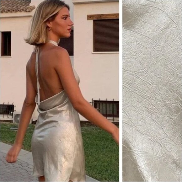 Zara Metallic Gold Silver Draped Halter Mini Dress NWT Size Small - Picture 2 of 10